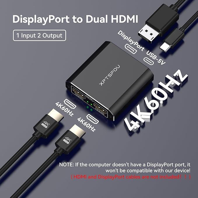 DisplayPort to HDMI Splitter 4K60Hz DP to Dual HDMI Splitter 1 in 2 Out Extended Display with Power Cable Supports Extended and Mirror Mode for Windows (DP and HDMI Cable Not Included)