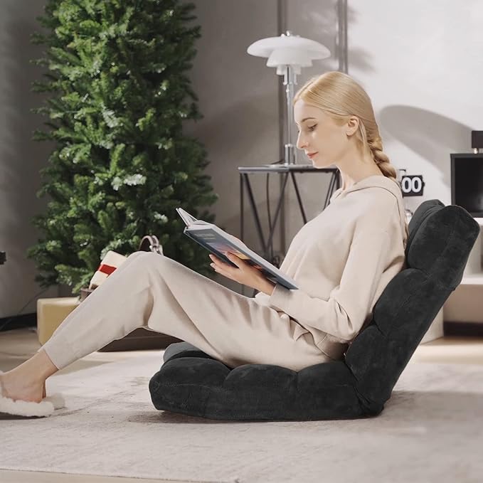 Byroce Folding Floor Gaming Chair 14-Position Adjustable Lazy Padded Sleeper Sofa Bed with Back Support Couch Recliner Floor Chair for Meditation Reading in Bedroom Living Room (Black)