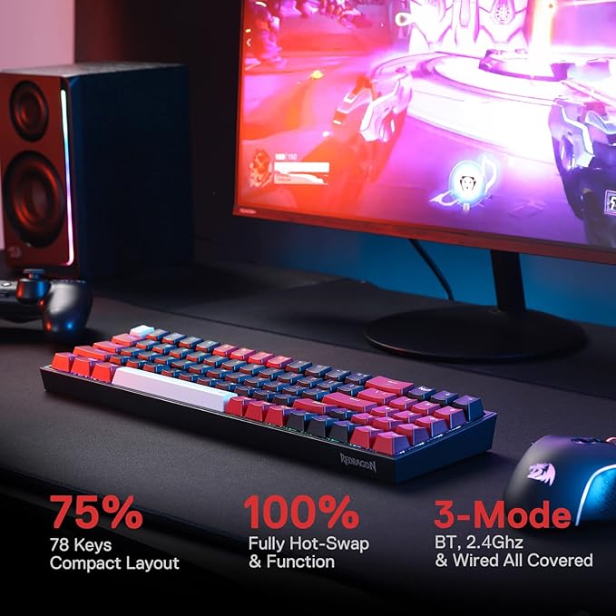 Redragon K628 PRO 75% 3-Mode Wireless RGB Gaming Keyboard 78 Keys Hot-Swappable Compact Mechanical Keyboard w/Hot-Swap Free-Mod PCB Socket Dedicated Arrow Keys &amp Numpad Red Switch