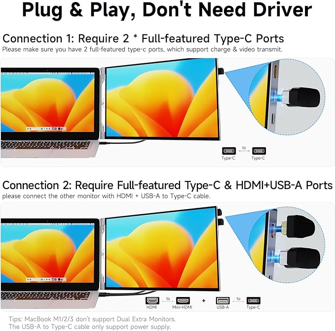 15'' Portable Laptop Screen Extender - Triple Monitor Setup Dual 1080P FHD Displays Aluminum Travel Monitor Multi Screen Attachment for 13.3-16.5'' Laptop with USB-C HDMI