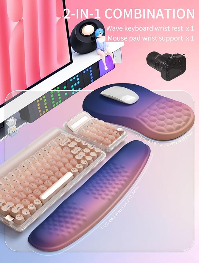 Hokafenle 2in1 Combination Wave Keyboard Wrist Rest and Ergonomic Curvature Mouse Pad Wrist Support for Relieve Wrist Pain Filled with Soft Cushion Memory Foam Dawn