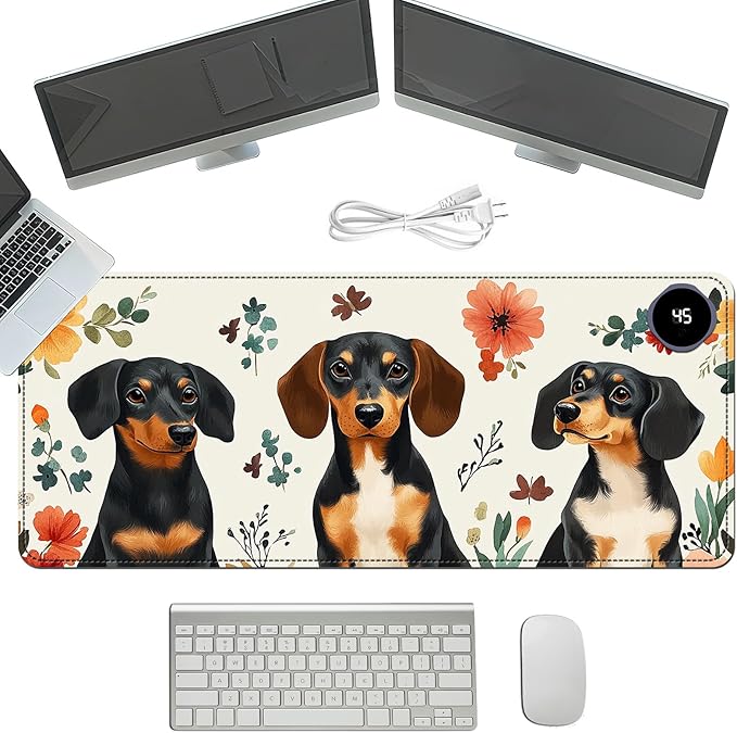 Heated Mouse Pad with 3 Temperature Settings(104°F–122°F)Large 31.5x13 Inch PU Leather Heated Desk MatWaterproof Warming Pad for OfficeGaming &amp Cold Hands ReliefDogs and Flowers