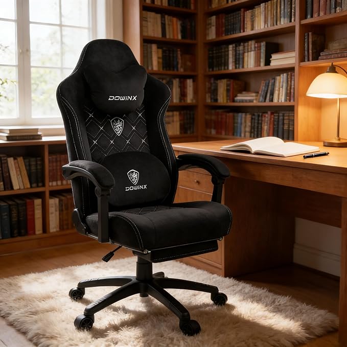 Dowinx Fabric Gaming Chair with Heated Massage Lumbar Support Big and Tall Ergonomic Office Chair with Pocket Spring Cushion and Footrest High Back Computer Chair for Adults 350lbs Deep Black
