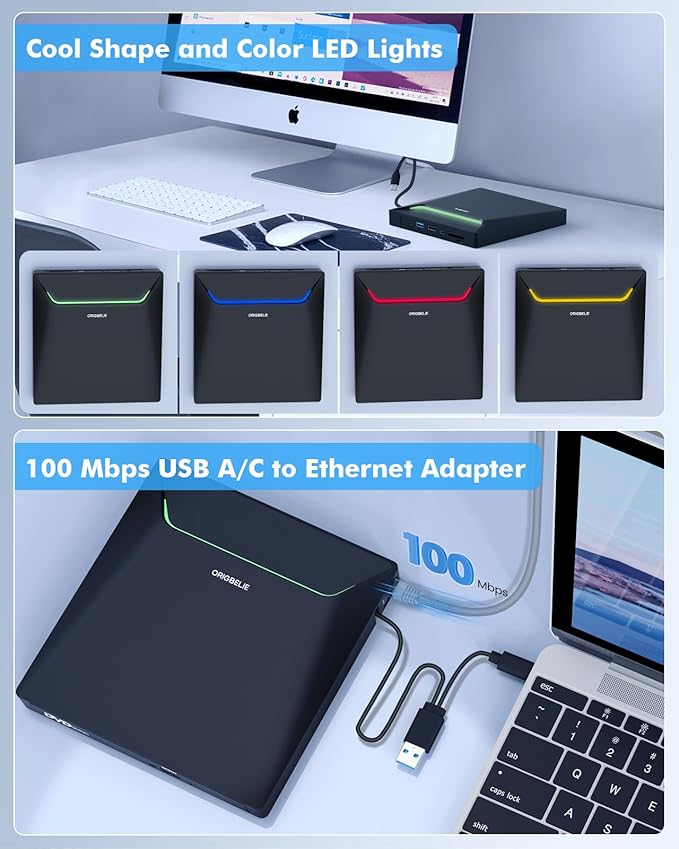 New External CD DVD Drive Cool DVD Burner USB 3.0 with Ethernet Adapter 3 USB and 2 TF/SD Card Ports CD DVD Player Reader Writer Optical Disc Drive for Laptop PC Windows Mac with Carrying Case