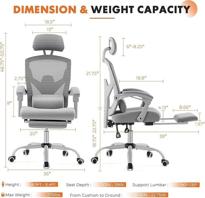 Ergonomic Office Chair with Footrest Comfortable Desk Chair Gaming Chair with Leg Rest Swivel Mesh Desk Chair with Headrest and Lumbar Support for Home Office Work Study Grey