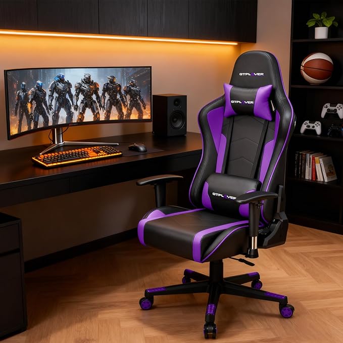Gaming Chair with Bluetooth Speakers Music Video Game Chair Audio Ergonomic Design Heavy Duty Office Computer Desk Chair GT890M Purple