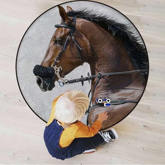 Horses Round Rug for Bedroom Circular Area Rug Washable Throw Rugs Non-Slip Soft Floor Mat for Living Room Sofa Chestnut Color HorseBrown Cream Diameter 39.3 in