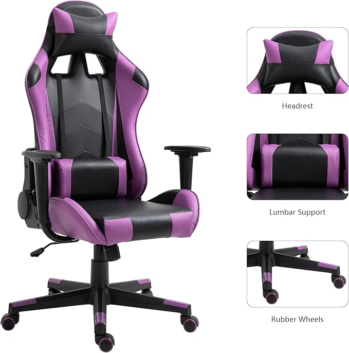 Modern-Depo Gaming Chair Recliner Ergonomic Swivel Office Computer Desk Chair with Headrest Lumbar Support Black Purple