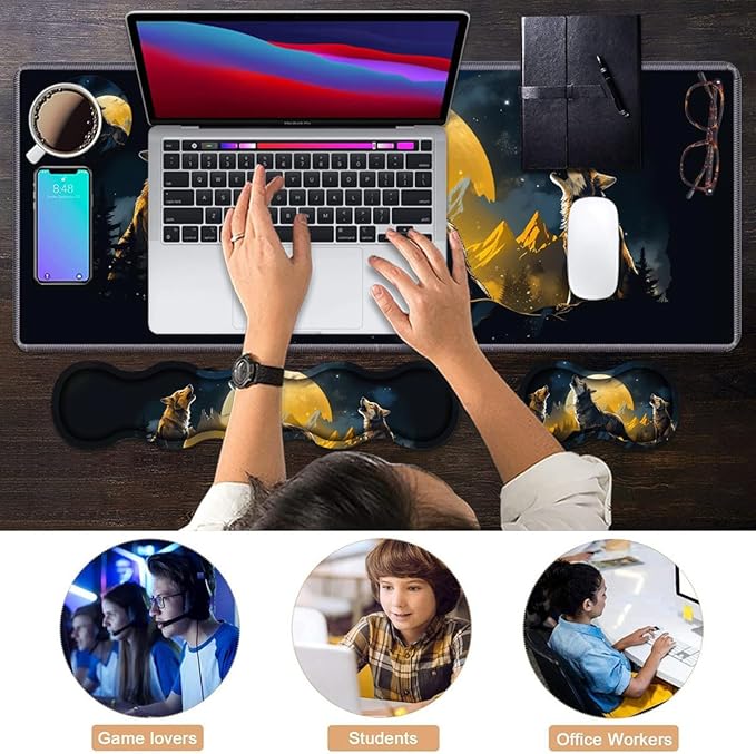 Ergonomic Keyboard Wrist Rest &amp Mouse Pad Wrist Rest Set Large XXL Gaming Desk Mat 31.5x 11.8 with Memory Foam Easy Typing Pain Relief for Office &amp Home Wolf Howling Under The Moon
