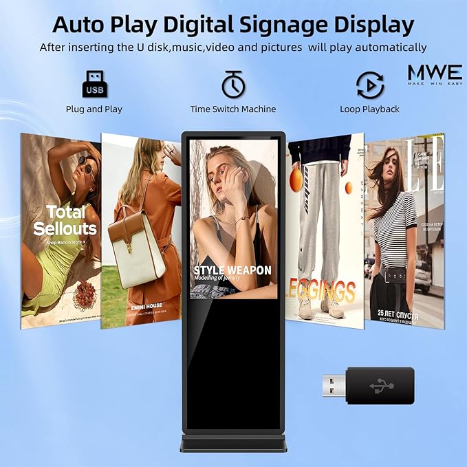 JIYANG 32 Inch Indoor Touchscreen Digital Signage Floor Standing Digital Interactive Kiosks LCD Totem Monitor with WiFi/USB Input Auto Media Player Android SystemFree Customization Logo