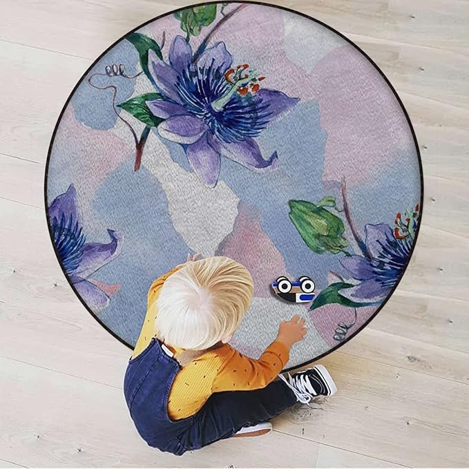 Romantic Flower Round Office Chair Mat for Hardwood Floor Computer Gaming Rolling Chair Mat Floor Protector Mat Desk Rug Rustic Floral Design LavenderPale Blue Green Diameter 35.5 in