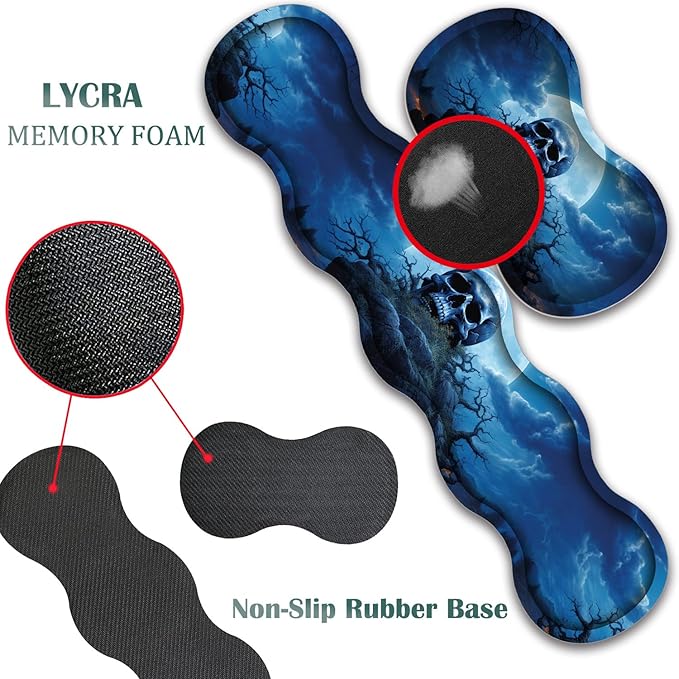 4 in 1 Mouse Pad Combo Large Gaming Mouse Pad + Keyboard Wrist Support + Mouse Wrist Rest + Coaster Table Pad 31.5 x 11.8 with Memory Foam Ergonomic Wrist Pad Set Blue Skull Moon