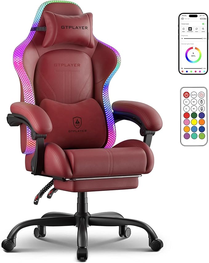 GTPLAYER Gaming Chair Computer Chair with RGB LED Lights High Back Ergonomic Chair for Adults with Footrest Reclining Office Chairs Linkage Armrest Wine Red