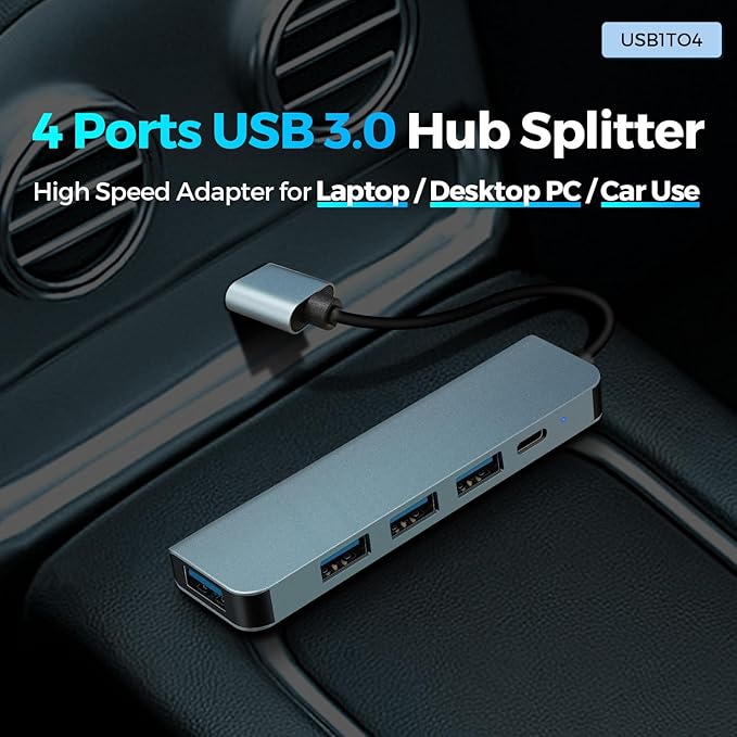 XTRONS 4 Ports USB 3.0 Hub Splitter 5 Gbps High Speed Data Ports Adapter for Laptop/Desktop PC/Car Use