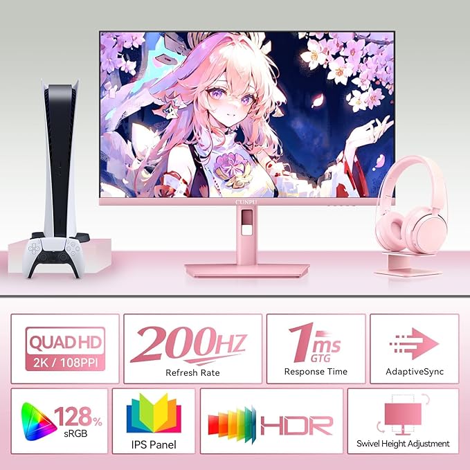 27 Inch Pastel Pink Gaming Monitor QHD 2560x1440 180/200Hz 1ms GTG Fast IPS Computer Monitor 90% DCI-P3 Adaptive Sync Built in Speaker Height/Swivel/Tilt/Pivot Adjustable Stand HDMIDP