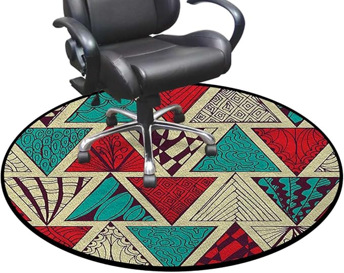 Multi Round mat Washable Desk Chair Mats Low-Pile Carpet for Rolling Chair Decorative Round Rug Multi-Purpose Floor Mat Geometric Diagonal Pieced Mosaic Tile Diameter 35.4 in