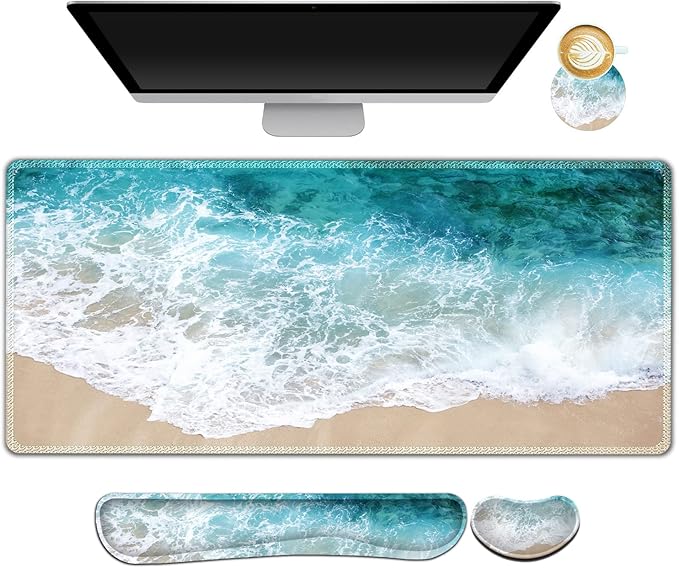 ARTSO Extended Gaming Mouse Pad Set Keyboard Wrist Rest Support Pad + Wrist Cushion + XXL Large Mouse Pad + Coaster Stitched Edge Non-Slip Memory Foam Desk Mat Beach Waves