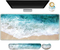 ARTSO Extended Gaming Mouse Pad Set Keyboard Wrist Rest Support Pad + Wrist Cushion + XXL Large Mouse Pad + Coaster Stitched Edge Non-Slip Memory Foam Desk Mat Beach Waves