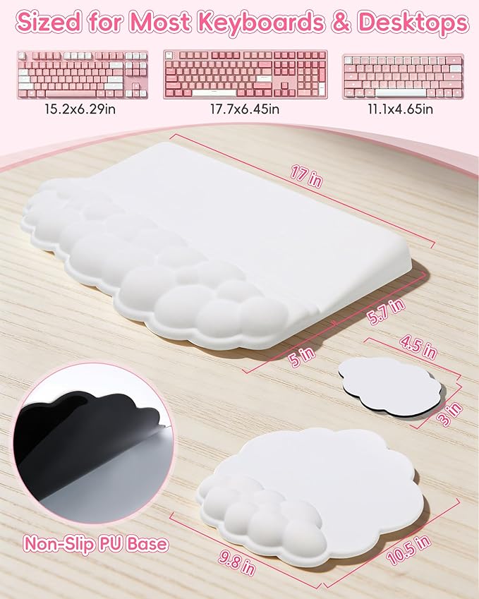 Cloud Wrist Rest Set for Keyboard and Mouse Ergonomic Memory Foam Wrist Support &amp Adjustable Keyboard Stand with Two Typing Angles Silky Lycra Surface Non-Slip Base (White)