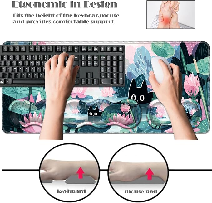 Ergonomic Keyboard Wrist Rest &amp Mouse Pad Wrist Rest SetXL Gaming Desk Mat 31.5x 11.8Non-Slip BaseMemory FoamEasy Typing Pain Relief for Office &amp HomeBlack Cat in Lotus Pond