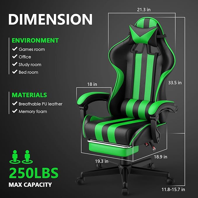 Huracan Gaming Chair with Footrest Adjustable Video Game Computer Chairs for Adults Reclining Backrest Office Desk Chair with Headrest and Lumba Pillow Green