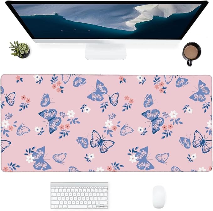 Pink Butterfly Large Mouse Pad Gaming Mousepad with Wrist Support Rubber Computer Keyboard Mat for Desk Laptop Non-Slip Full Deskmat Protector Waterproof Writing Pad Office Home 16x35.5 in