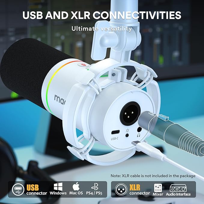 MAONO White Gaming Podcast Microphone Kit PD200X with MH501 Studio Headphones for Gamer YoutuberPodcaster