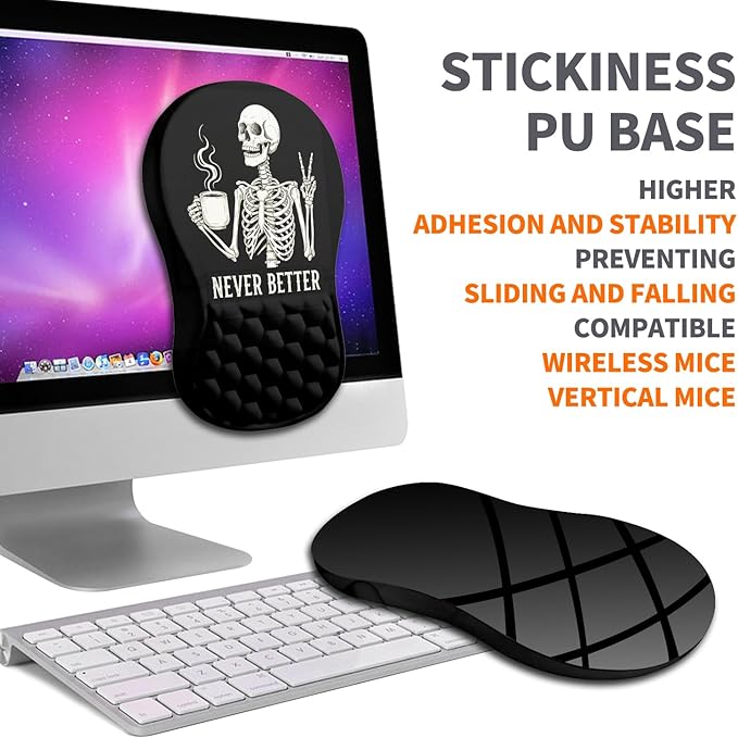 Ergonomic Joint Wrist Support Mouse Pad with Memory Foam Cushion Massage Bump Carpal Tunnel Pain Relief Mousepad Slope Design for Wrist Rest 11.8x7.9 in Funny Skeleton