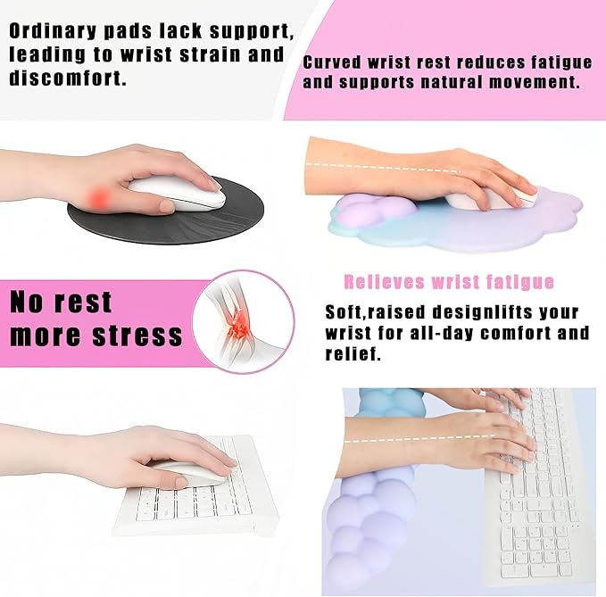 OUEST Cloud Wrist Rest Keyboard and Mouse Pad with Cute Ergonomic Memory Foam Non-Slip PU Base for Computer Mac Laptop Office Gaming-Purple/Cyan