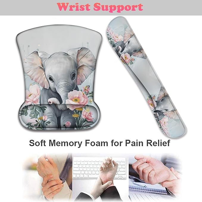 3 in 1 Keyboard Wrist Rest + Mouse Pad and Coaster Ergonomic Gel Mouse Pad and Keyboard Pad Set Comfortable Lightweight for Easy Typing Pain Relie Little Elephant Flower