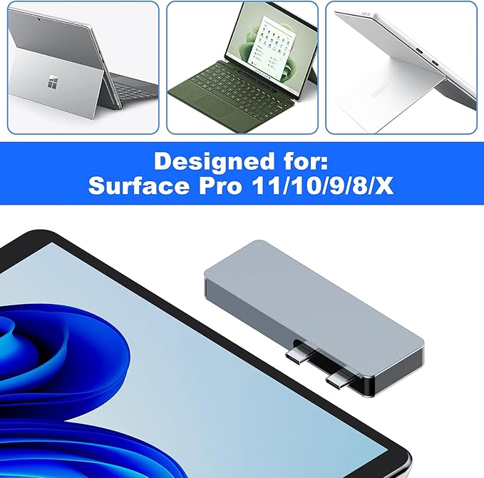 Surface Pro 11 Hub Adapter Microsoft Surface Pro 9/10/11/X Docking Station with 4K HDMI USB C Thunderbolt 4(8K Display+40Gbps Data+100W PD) USB 3.0/2.0 - USB C Hub Adapter for Surface Pro 11/10/9/X
