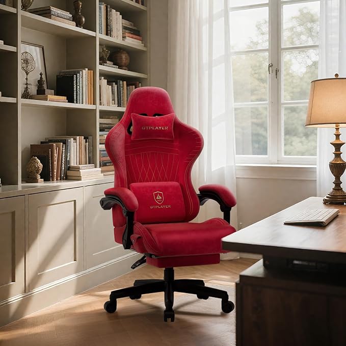 GTPLAYER ACE-PRO Music Gaming Chairs – Built-in Speakers App Support &amp Bluetooth Control Computer Game Chairs with Footrest for Adults Ergonomic Reclining Linkage Armrest Cherry Red 【Velvet】