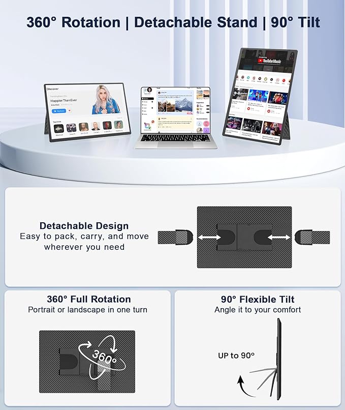 16 Laptop Screen Extender 1920x1200 IPS Portable Monitor Borderless Dual Screen Extender with 360° Rotatable Stand Plug and Play Ultra Slim Travel Monitor for PC Wins Switch PS5