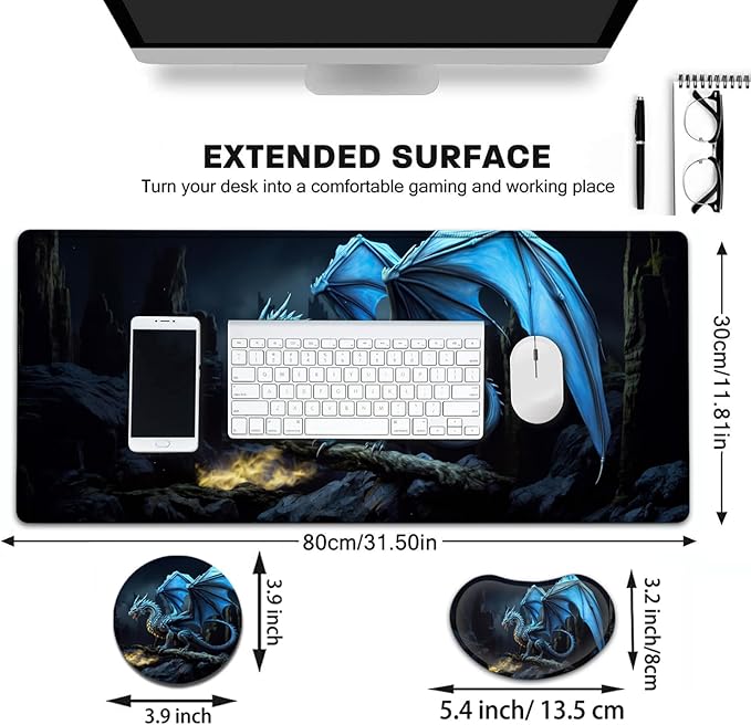 Large Mouse Pad with Mouse Wrist Rest 31.5x11.8 in Extended Mouse Mat with Non-Slip PU Base Ergonomic Memory Foam Wrist Rest for Work &amp Gaming Writing Pad Blue Flying Dragon Office Desk Pad