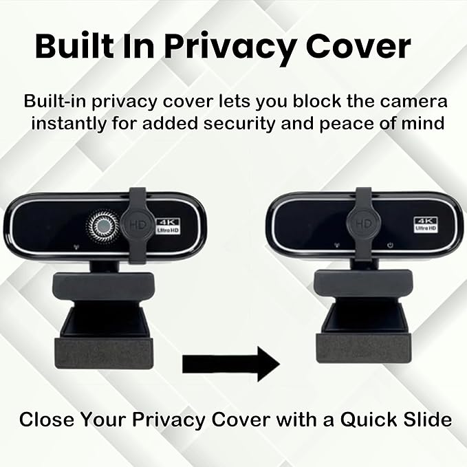 FHD 4K Webcam with AutoFocus USB Desktop Camera Black Webcam Built-in Microphone for Video Conferencing Online Meetings Universal Tripod-Ready Clip fits laptops and LCD Monitors.