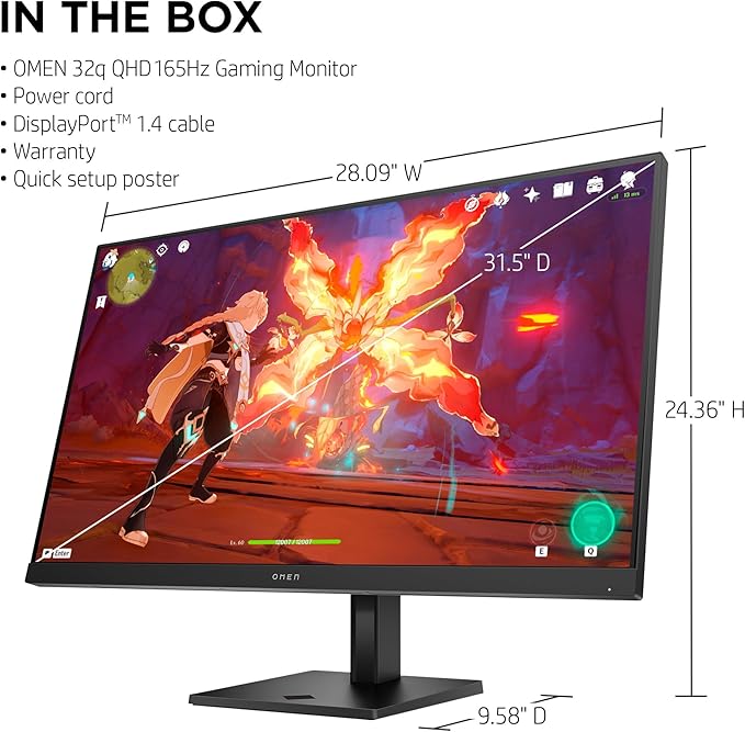HP OMEN 32q QHD 165Hz Gaming Monitor QHD Display (2560 x 1440) IPS Panel 99% sRGB 95% DCI-P3 16:9 AMD FreeSync Premium Technology 32q (2023)