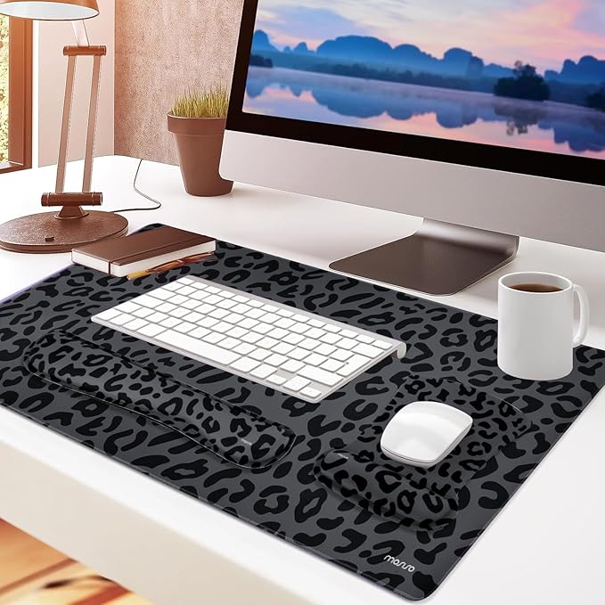 MOSISO Wrist Rest Support for Mouse Pad&ampKeyboard Set Ergonomic Large Leopard Grain Desk Mat&ampCoaster Set Non-Slip Mousepad&ampPain Relief&ampEasy Typing Cushion with Memory Foam for Home Of