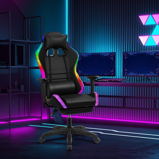 YOXIER Gaming ChairsGaming Desk Chair with Retractable Footrest350lbs Load Capacity Ergonomic Gaming ChairGaming Computer Chair with Two Bluetooth Speakers Multiple LED Light Modes Game Chair for