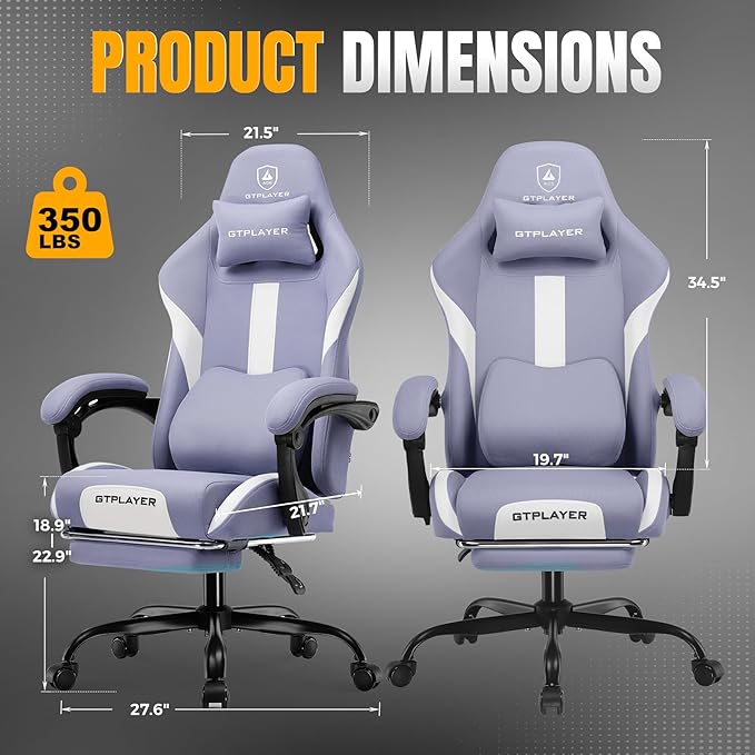 GTPLAYER Gaming Chair with Foot Rest &amp Pocket Spring Cushion Ergonomic High Back Computer Desk Chair with Headrest &amp Lumbar Support for Back Pain Relief Breathable Fabric Purple
