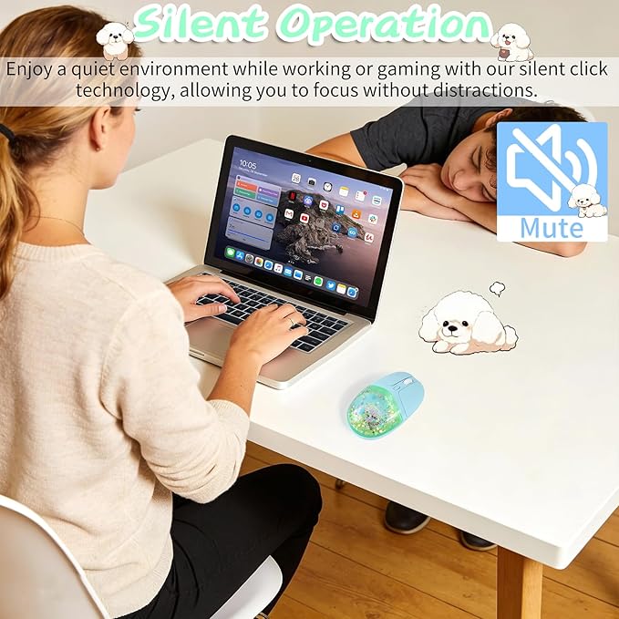 elec Space Wireless Bluetooth Mouse -Cute Clear Aqua Design Glitter Liquid Sand Water Mouse with Optical Precision Silent Clicks LED Breathing LightTransparent Retro Style for Home Office (Green)
