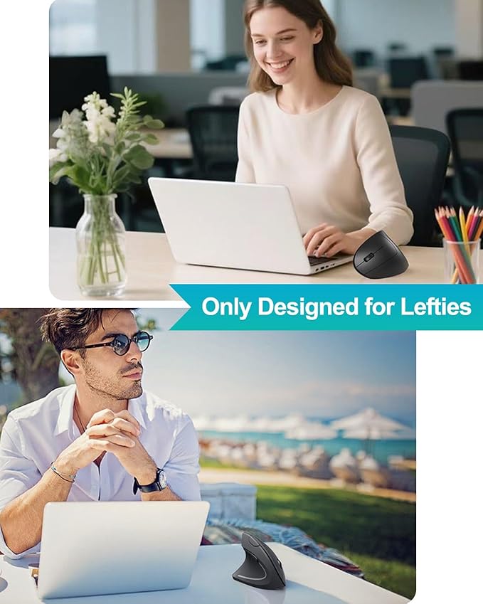Lekvey Left Handed Ergonomic Mouse Vertical Wireless Mouse for Left Hand 2.4G USB Carpal Tunnel Lefty Mouse 3 Adjustable DPI 6 Buttons for Laptop PC Computer Mac Windows Desktop - Black