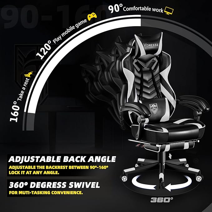 Vonesse Gaming Chair Big and Tall Gaming Chair with Footrest and Massage Gaming Chairs for Adults with Lumbar Support Ergonomic High Back Computer Chair with Pocket Spring Cushion (White/Black)