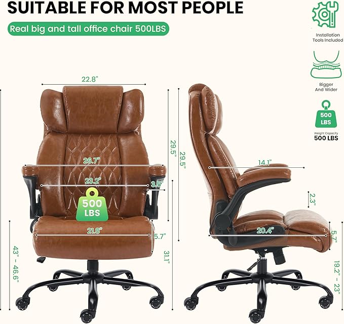 500lbs Big and Tall Office Chair Adjustable Lumbar Support for Back Pain Extra Wide Seat Executive Office Chair Thick Armrest Pad Heavy Duty Base&ampUpgraded Wheels Ergonomic Comfy Computer Desk C