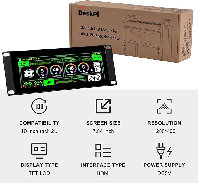 GeeekPi 7.84 inch 1280x400 LCD Touch Screen 2U Rack Mount Monitor for DeskPi RackMate T0/T1/T2/T0 Plus/T1 Plus/TL1 Server Cabinet