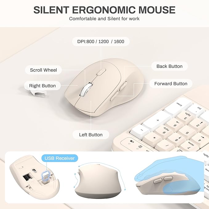 Ergonomic Wireless Keyboard and Mouse Combo Wave Keys Keyboard with Wrist Rest for Natural Typing 3 DPI Adjustable Ergonomic Silent Mouse for Computer/Laptop/Windows/Mac (Latte Color-A)