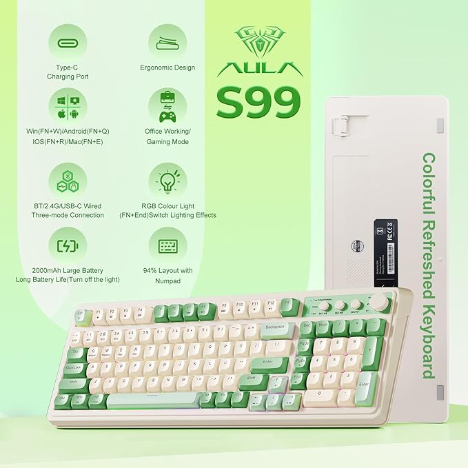 AULA S99 Gaming Keyboard Wireless Computer Keyboards Tri-Mode Bluetooth/2.4GHz/USB-C Custom Creamy Keyboard with Number Pad RGB Backlit Media Knob Cute Programmable Keyboard for PC Gamer - Green