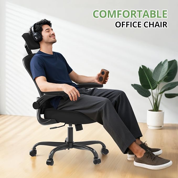 Office Chair Ergonomic Desk Chair 330LBS Capacity High Back Computer Chair for Long Hours Comfortable Rolling Swivel Executive Task Chair for Home Office with Flip-up Armrests Black