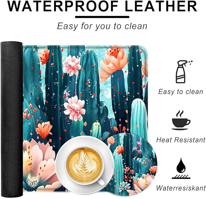Large Keyboard Mouse Pad Set Extended Mouse Pad+Keyboard Wrist Rest Support Memory Foam Ergonomic Easy Typing 4Pcs (31.5×11.8 in) Desk Pad Set for Office HomeCute Cactus Blooming Flowers