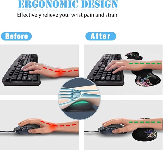 Keyboard Wrist Rest+Mouse Wrist Pad+Desk Pad SetMemory Foam Ergonomic Easy Typing Pain Relief for Computer Laptop Office Home - Hummingbird and Flower