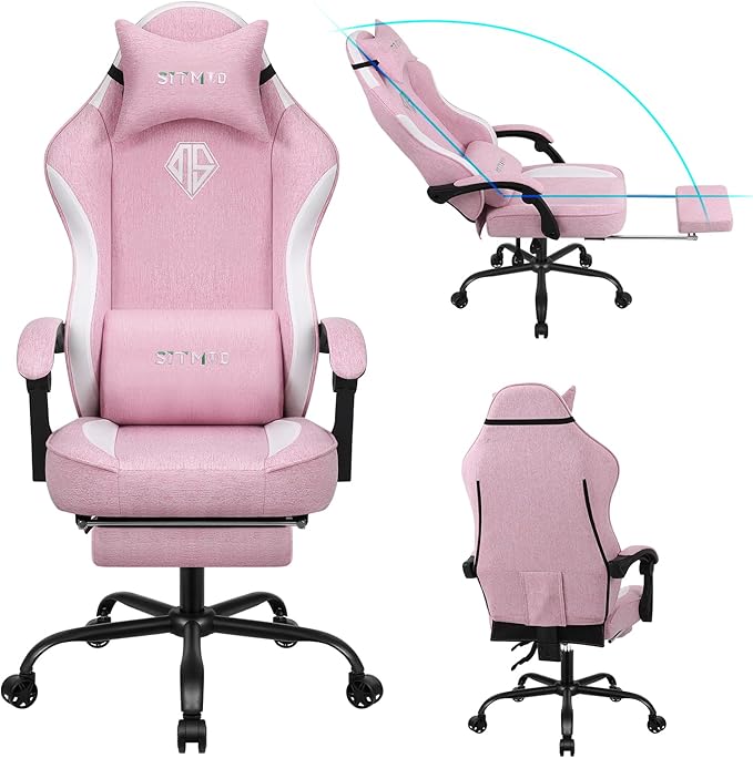 Gaming Chair Fabric with Pocket Spring CushionErgonomic Computer Office Chair Cloth with Footrest and HeadrestHigh Back Game Chair with Lumbar SupportAdjustable Backrest for AdultsPink